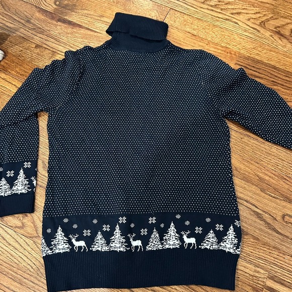 LL Bean Fair Isle Cotton Cashmere Sweater Navy Blue Turtleneck Deer Small 503413 - Picture 2 of 8